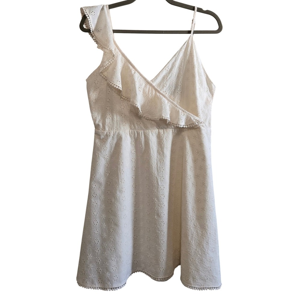 Lulus White Eyelet Ruffle One Shoulder Mini Dress Floral Pom Pom Trim Large